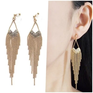 Dangle Gold Ball Metallic Chain Fringe Invisible Clip On Earrings Non Pierced - Picture 1 of 10