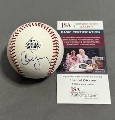 Chris Young Firmado Autografiado Serie Mundial 2023 Béisbol WS Campeón Certificado de Autenticidad JSA Foto 1 de 2