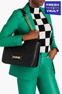 RRP€280 LOVE MOSCHINO Flap Shoulder Bag Black Quilted PU Leather Chain Strap - Picture 1 of 7