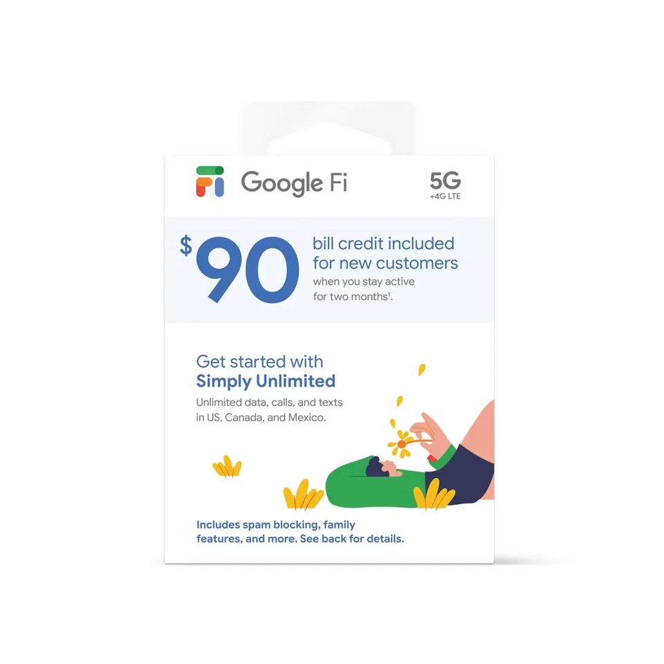 Google Fi 5G 4G Simply Unlimited SIM Kit Includes $90 Bill Credit Never