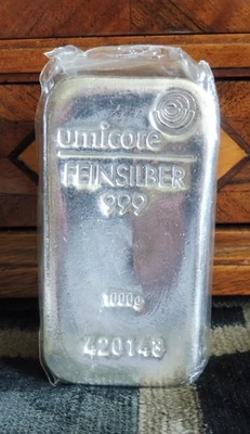 1 Kg Silberbarren, Umicore Feinsilber 999, Vintage- Barren, Sarg- Form - Bild 1 von 4