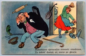 K37/ Arthur Thiele Artist Signed Postcard c1910 Comic Wife Violent Throw 137 - Picture 1 of 4