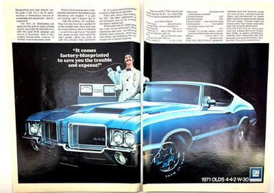 1971 Dr. Olds 4-4-2 442 W-30 Magazine Factory Car ad 2page "factory blueprinted" - Image 1 of 2