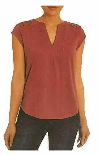 Orvis Women's Anna V-neck Top With Crochet Lace Insets Dusty Red Size XL