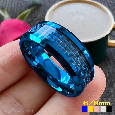 6/8MM Men Women Tungsten Carbide Ring Band Blue Carbon Fiber Inlay Bevel Polish - Image 1 of 4
