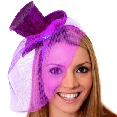 PURPLE MINI TOP HAT WITH NET GLITTER FASCINATOR FANCY DRESS ACCESSORY CHRISTMAS - Image 1 of 4