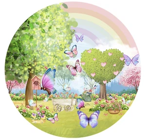 BUTTERFLY FOREST PARTY ROUND BIRTHDAY PERSONALISED BANNER BACKDROP - Picture 1 of 2