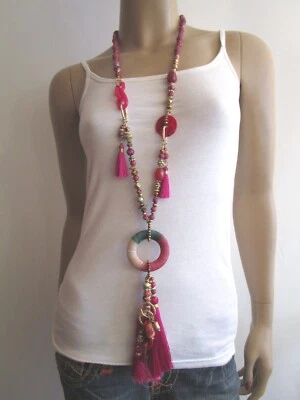 Hippie Modekette Damen Hals Kette Bettelkette lang Pink Rot Festival Ibiza Boho - Bild 1 von 4