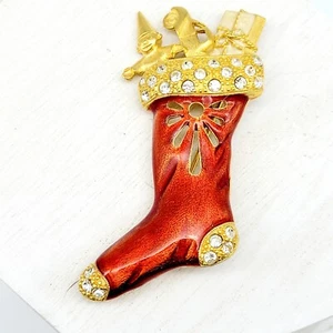 Vintage Red Enameled Christmas Stocking Brooch Filled Toys Gold Tone Rhinestones - Picture 1 of 10