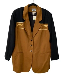 Blazer Jaguar Vintage Stephanie Queller Colorblock Marrone Oro Nero 18W Nuovo con etichette Vintage - Foto 1 di 7