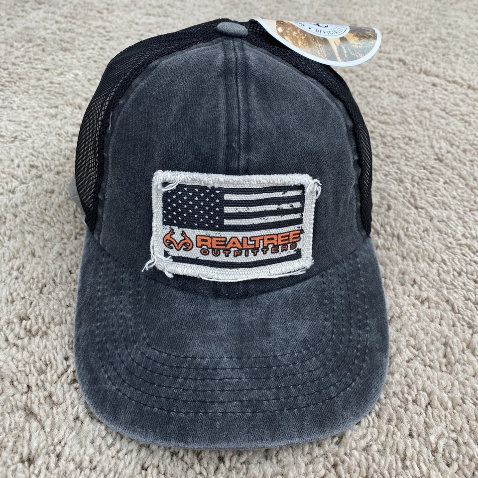 Realtree Outfitters Hat Flag Frayed Patch 2 Color Gray Black Mesh Adjustable Cap