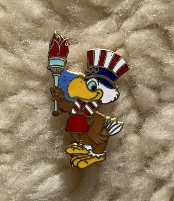 VTG 1984 LA Summer Olympics Mascot Sam the Eagle Torch Enamel Brooch Pin USA - Image 1 of 4