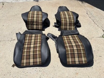 PORSCHE 911 UPHOLSTERY SEAT KIT FRONT/REAR TARTAN PLAID #4 BLACK LEATHER - Image 1 of 4