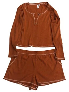 Womens Burnt Orange Ribbled Knit Pajamas Sleep Set Long Sleeve Top & Shorts - Picture 1 of 2