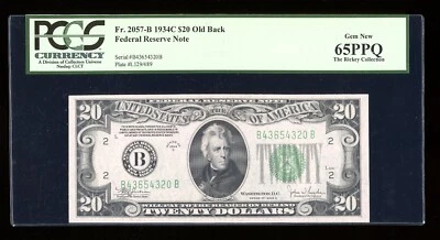 DBR 1934-C $20 FRN New York Old Back Fr. 2057-Bob PCGS 65 PPQ Serial B43654320B - Image 1 of 2