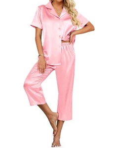 Womens Satin Pajamas Silk Capri Pjs 2 Piece Lounge Sets Short Sleeve Button D... - Picture 1 of 7