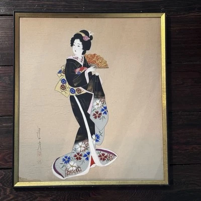Vintage Japanese Silk Painting Geisha Black Kimono Fan Signed Art Framed ~16x14 - Image 1 of 4