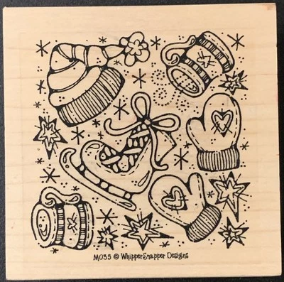 Whipper Snapper Winter Ice Skates Cocoa Mittens Background Rubber Stamp - Image 1 of 2