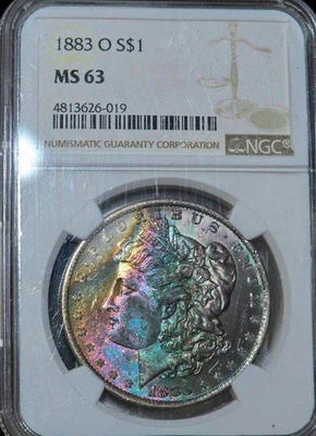 1883-O $1 Morgan Silver Dollar NGC MS63 Monster Rainbow Textile Toned Coin VIDEO - Image 1 of 4