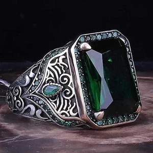 Retro Handmade Carving Punk Rings for Men Trendy Silver Color Metal Square Inlai - Picture 1 of 24
