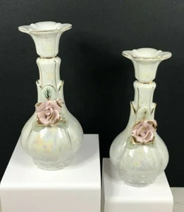 Vintage Lusterware Porcelain Small Vases w/ 3D Pink Rose Trimmed Gold - Set of 2 - Picture 1 of 6