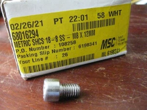 Metric M8-1.25 mm x 12 mm Stainless Steel Hex Socket Cap Head Screws Lot of 50 - Picture 1 of 3