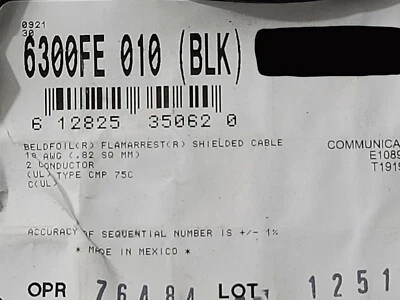 Cable de audio/control de medios blindado Belden Wire 6300FE 18/2C negro plenum/100 pies Foto 1 de 4