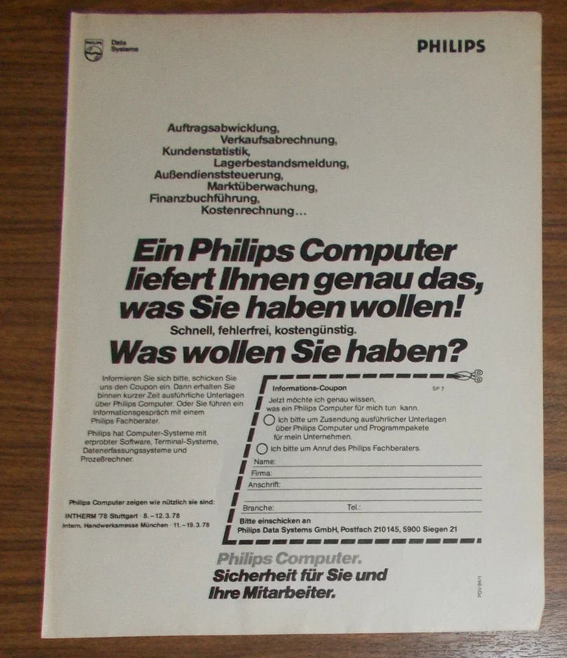 Seltene Werbung PHILIPS Computer liefert genau das, was sie haben wollen 1978 - Image 1 of 1