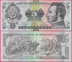 HONDURAS 5 LEMPIRAS 2014 UNC PREFIX BP,WITH VERTICAL BARS,BATTLE OF TRINIDAD IN - Picture 1 of 1