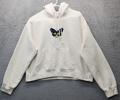 OBEY Crop Hoodie Women Large Multi Fleece Lined Butterfly Embroidered Drawstring - Image 1 of 4