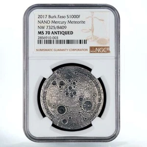 Burkina Faso 1000 francs NANO Mercury Meteorite MS 70 ANTIQUED NGC  silver 2017 - Picture 1 of 2