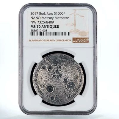 Burkina Faso 1000 francs NANO Mercury Meteorite MS 70 ANTIQUED NGC  silver 2017 - Image 1 of 2