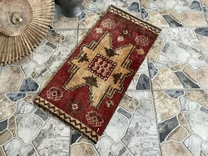 Vintage Turkish Wool Rug, Geometric Oushak Hand-Knotted Antique Small Runner 1x2 - Picture 1 of 9