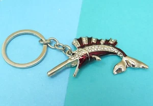 Swordfish Decorative Keychain Silver Tone Rhinestone Burgundy Enamel 2-1/2" - Picture 1 of 6