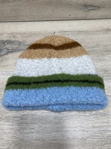 Urban Outfitters Ollie Striped Beanie Hat Boucle Blue White Tan Green NWT - Picture 1 of 9