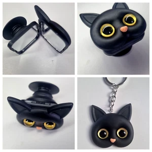 Katze Schlüsselring Kette & Telefon Charm. Niedliches schwarzes Harz. Katze 5x5 cm. Tasche Charm - Bild 1 von 9