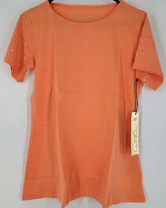 DG2 by Diane Gilman White Gem Embellished Sleeves S/S T-Shirt Orange X-Small NEW - Picture 1 of 3