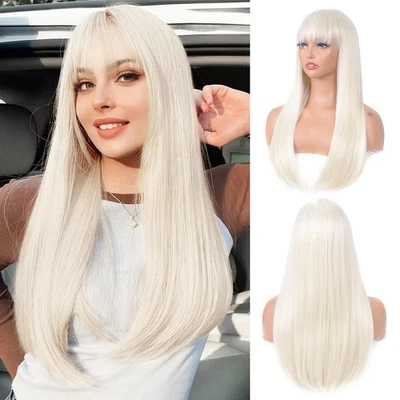 Platinum Blonde Wig with Bangs Long Straight Blonde Wig for Women Heat Resist - Image 1 of 4