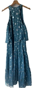 Somerset By Alice Temperley Silk Maxi Dress Womens 14 Halter-neck Blue Silver - Picture 1 of 13