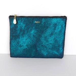 BIBA Metallic Teal Blue Green 100% Real Leather Calf Hair Clutch Bag Make Up Bag - Picture 1 of 11