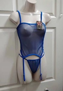 Women's S/M Sexy lingerie Blue Fishnet Top with Garters & Thong Pantie 2 Piece - Picture 1 of 21