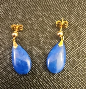 Vintage 14k.Yellow Gold Lapis Azule Dangle Pierced Earrings - Picture 1 of 5