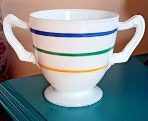 Seltene Vintage Art Deco Milchglas offene Zuckerdose mit Primärfarbstreifen - Bild 1 von 9