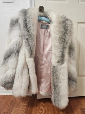 Vintage Jordach Faux Fur Mid-length Coat Grey And White With Pink Satin Lining - Image 1 of 4