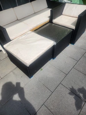 Sitzgarnitur:  3er Sitzbank 180x70, Sessel, Hocker und Tisch mit Glasplatte - Bild 1 von 2