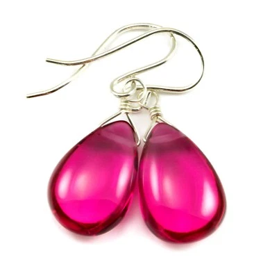 Pendientes de zafiro simulado rosa delicadas lágrimas gotas oro de ley 14k Foto 1 de 4