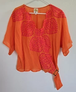 Anthropologie fig and flowers Orange Pink Embroidered Top Short Sleeve Size L - Picture 1 of 17