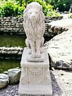 Concrete Stone Garden Square Plinth Pedestal  And Upright Large Lion Statue  Set