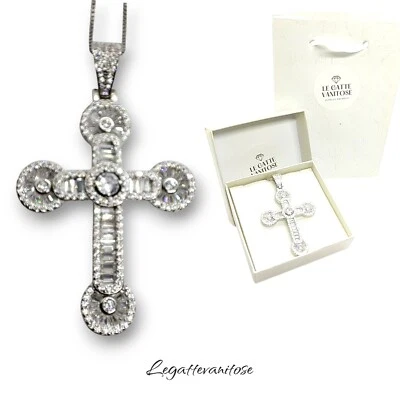 Ciondolo  Croce gioiello con zirconi bianchi  Placcato Oro Bianco + Collanina. - Immagine 1 di 4