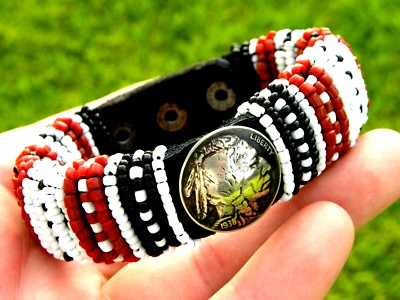 Cuff bracelet 1938 authentic Buffalo Indian Nickel coin Bison leather glass bead - Image 1 of 4